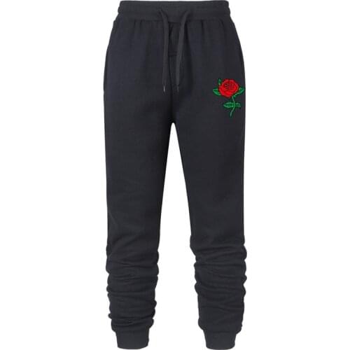 Fashion Rose Print Running Jogging Casual Pants Men Bodybuilding Sweatpants Brand Fitness Sport Trousers Black White Tracksuit