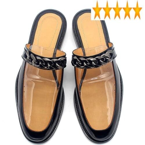 Chain Runway Designer Mens Handmade Transparent Slippers Cowhide Genuine Leather Slip On Sandals Flats Casual Mules Slides Shoes