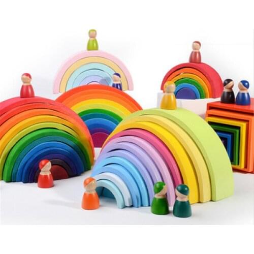 Wooden Toys Large Size Rainbow Stacker Baby Toys For Kids Creative Rainbow Building Blocks Montessori Educational Toy Children