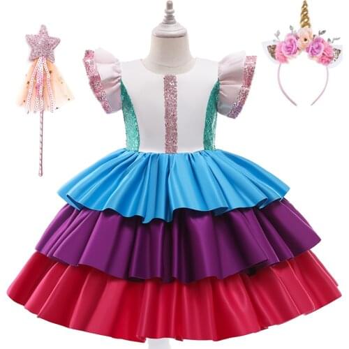 Girl Princess Cosplay Dress Kids Christmas Halloween Sequins Cake Tutu Dresses Children Birthday Party Costume Colthing