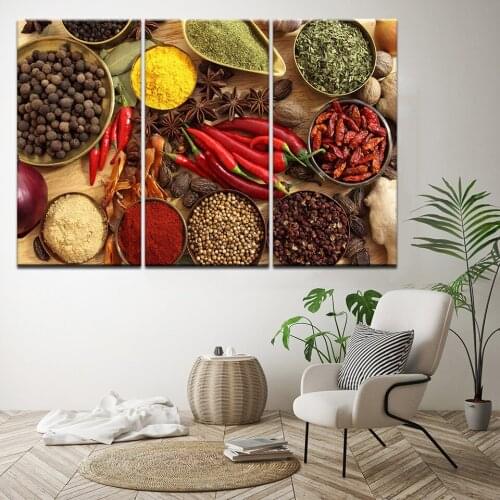 Home Decor Wall Art Framed Posters Prints 3 Panel Spoon Grains Spices Peppers Canvas Painting Kitchen Modular HD Food Picture