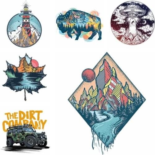 Travel Patches On Clothes Space UFO Mountain And Rivers Thermo Stickers For Clothes Sticker Animal Leaf Travel Badge Stripe DIY