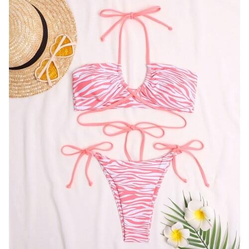 Halter Bikini 2021 Sexy Swimwear Women Swimsuit Female Striped Print Bikini Set Bather Bathing Suits Summer Beach Wear Swim Lady