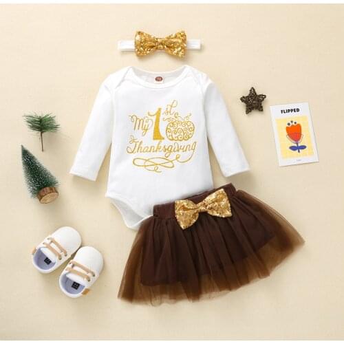 Baby Girls Thanksgiving Clothes Set Letter Printed Pattern Long Sleeve Romper Brown Yarn Skirt and Headdress 3pcs