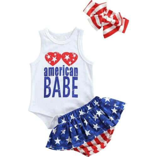 3Pcs Baby Girls Independence Day Outfit Letter Print Sleeveless Romper Star Stripe Pantie Hairband Infant Toddler Sets 0-24M