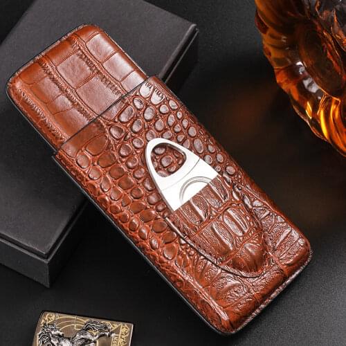 New 1pcs Classy Brown Crocodile PU Leather Cigar Tube Case with Cutter Set ct3121