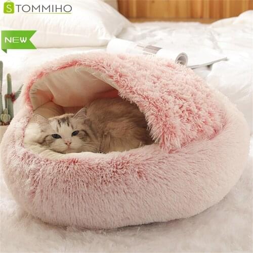 STOMMIHO Cat Round Semi-enclosed Plush Bed Cat Plush House Cat Nest Deep Sleep Comfort Cat Accessories Cats Home Products