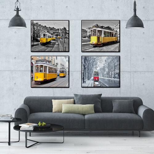 Minimalist Modern City Canvas Painting Retro Black And White Yellow Car Tram Wall Art Poster Living Room Decoration Pictures