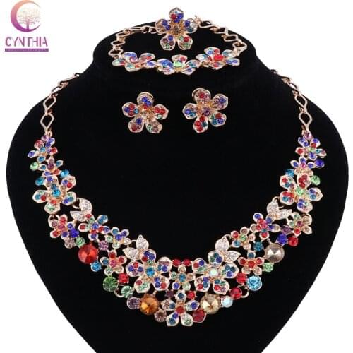 Rhinestones Jewelry Sets For Women Wedding African Beads Party Gold Color Crystal Pendant Necklace Earrings Ring Accessories