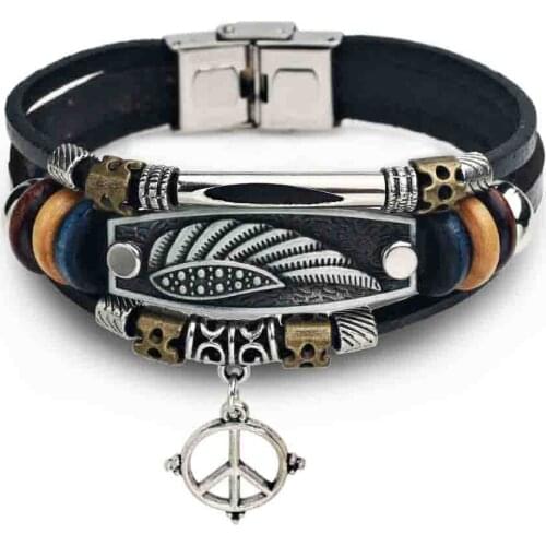 New 2020! Mens Stainless Steel Leather Bracelet. Multi-layered Scorpion Peace Wing Leather Bracelet