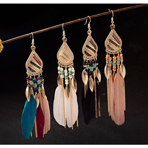 2019 Womens Water Drop Shape Feather Earrings Indian Jhumka Earrings Bohemia Alloy Long Chain Tassel Dangle Earrings Hangers