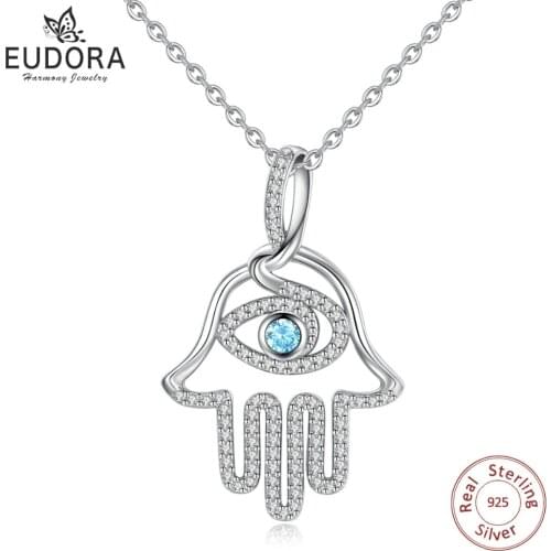 EUDORA Real 925 Sterling Silver Hamsa Hand& Blue CZ evil eye Pendant Necklace Good Luck Charm Fine Jewelry Anniversary Gift D340
