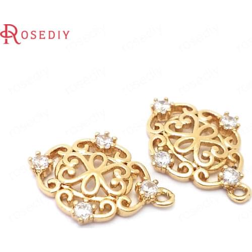 39108)10PCS 17x13MM 24K Gold Color Brass and Zircon Rhombus Charms Pendants Jewelry Making Supplies Diy Findings Accessories