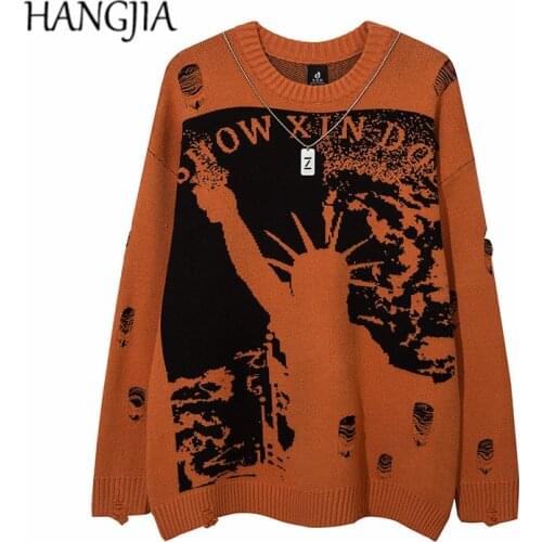Hip Hop Washed Destroyed Pullovers Knitwear for Women Oversized 2021 Statue of Victory Printed Knitted Sweaters with Chain Men