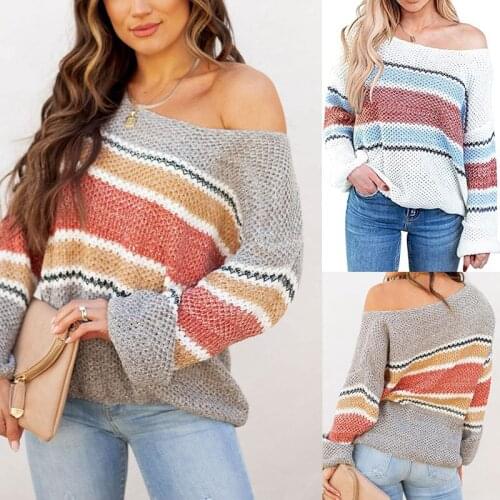 Pullovers Women Striped Knitted Sweater Warm Casual Long Sleeve Off Shoulder Loose Knit Young Girl Fashion Casual Jumper Autumn