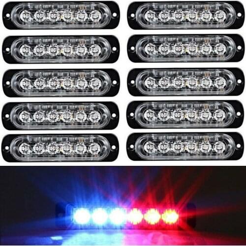 Fuleem 10PCS 18W Strobe 6 LED Light Red Blue Emergency Hazard Flashing Warning Tow Truck 12V 24V Waterproof