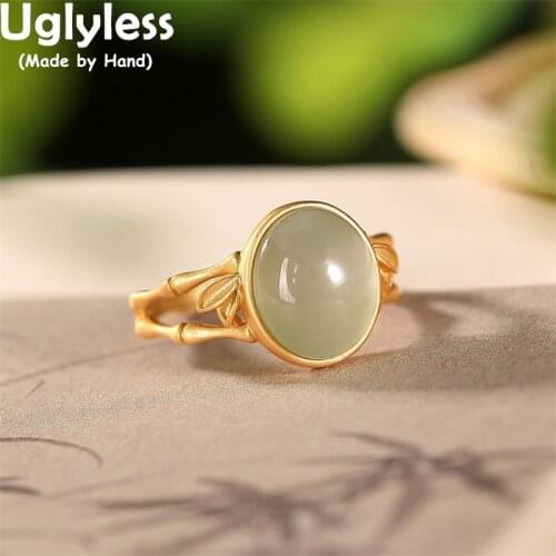 Uglyless Hollow Bamboo Leaves Rings for Women Natural Agate Jade Minimalist Jewelry Gold 925 Silver Ethnic Dress Rings Vintage