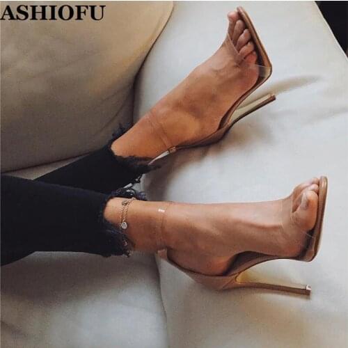 ASHIOFU Handmade Ladies High Heel Sandals PVC Leather Simple Sexy Party Sandals Office Prom Evening Fashion Shopping Sandals