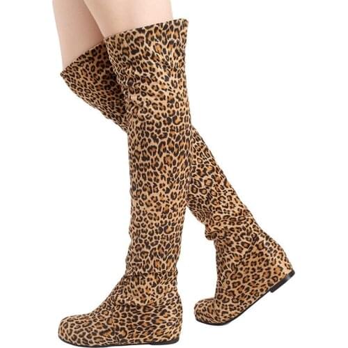 Over The Knee Boots Women Leopard Flock Elastic Boots Female Round Toe Shoes Concise Flat Shoes Autumn Winter 2021 Plus Size 43