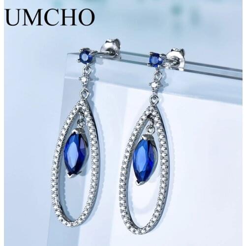 UMCHO Genuine 925 Sterling Silver Jewelry Marquise Created Nano Blue Color Sapphire Drop Earrings For Women Birthday Gift Charms