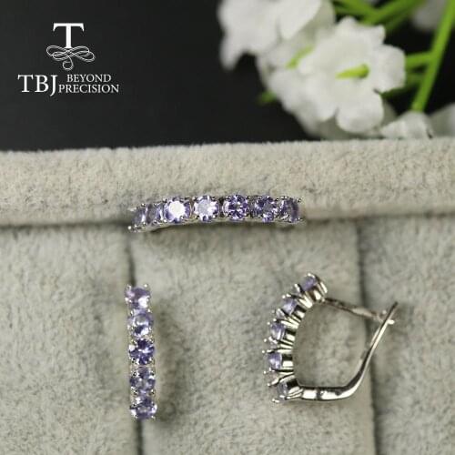 TBJ natural tanzanite Jewelry set small size round 3mm ring earring natural blue tanzanite ring earring 925 sterling silver