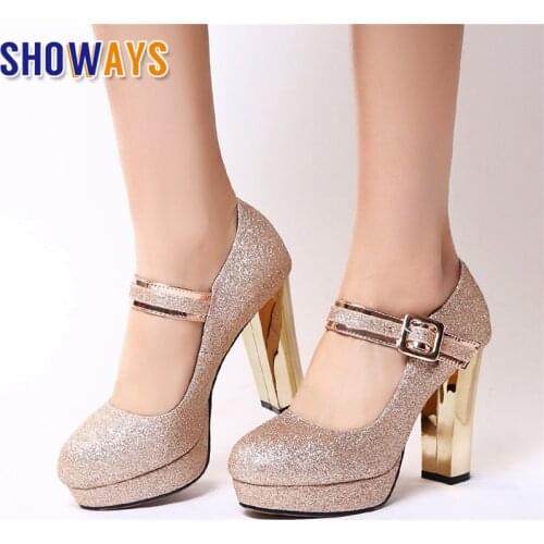 Silver Gold Sequined Cloth Wedding Women Platform Pumps High Block Heels Round Toe Buckle Belt Mary Jane Party Office Lady Shoes