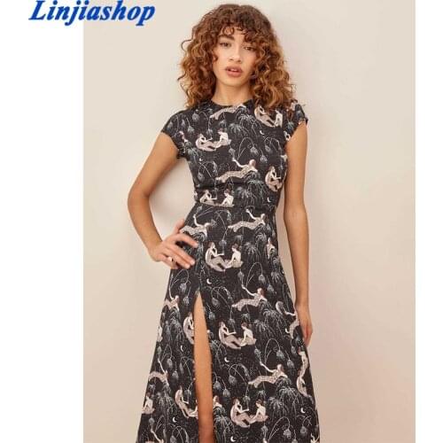Vintage Girl Dance Print Chiffon Vestidos Palace Short Sleeve Women Midi Dress O Neck Split Dresses