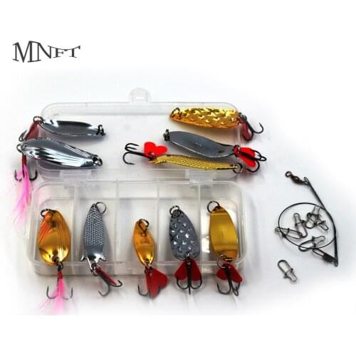 MNFT 10Pcs/Box Hard Metal Spinner Baits kit Bass Hooks Lures Bass Lures with Box Gold Silver Sequins Spoon Lure Kit Set
