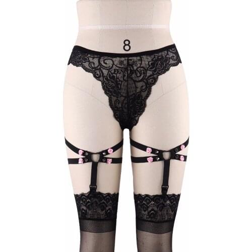 1 Pair Harajuku Leg Garters Gothic Stocking Suspenders Sexy Black Body Harness Pink Flower Thigh Wedding Garters Rave Wear P0076