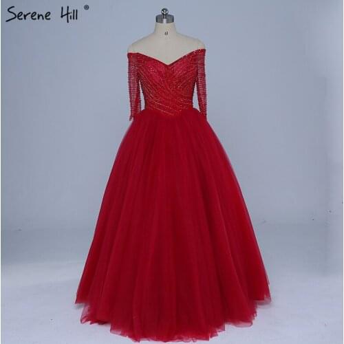 2020 New Design Off Shoulder Burgundy Evening Dresses Long Sleeve Beaded Sequins Ball Gown Prom Dress Party Real Picture BLA6393