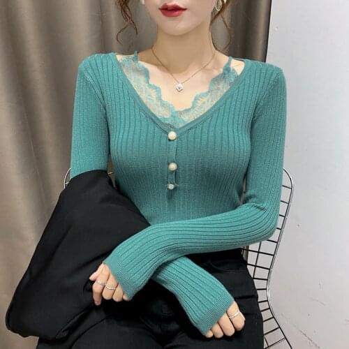 2021 Sale Room 198212, Row 6, No.5 Middle] Real Shot V-neck Lace Splicing Pullover Slim Knit Shirt 42
