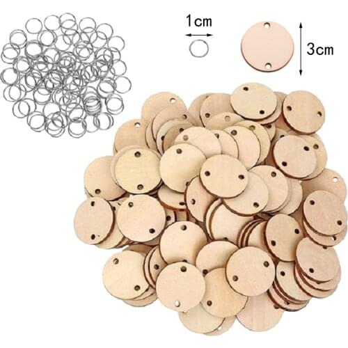50 Pieces Round Heart Shaped Wooden Discs Wood Tags with 2 Holes and 50 Pieces Rings for Birthday Board Calendar DIY Crafts