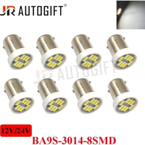 500PCS 12V/24V Car BA9S Socket T4W 3014 8SMD Auto Wedge Marker Light Bulb White Lamps Interior Lights Source Parking Bulbs