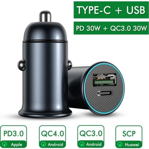 Dual Ports Car Charger QC3.0 Type C USB PD 3.0 Fast Charging Metal Car Cigarette Lighter Charger 3A For iPhone 12 Xiaomi Samsung
