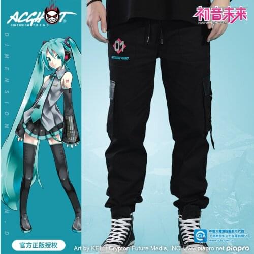 New Anime Vocaloid Fashion Letter Pants Pocket Black Trouser Cartoon Manga Casual Streetwear Miku Cosplay Costume Men Sweatpants
