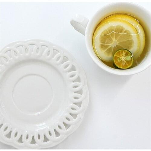 Pure White Creative Embossed Coffee Cup Ceramic Water Cup with Saucer Home Breakfast Milk Cup