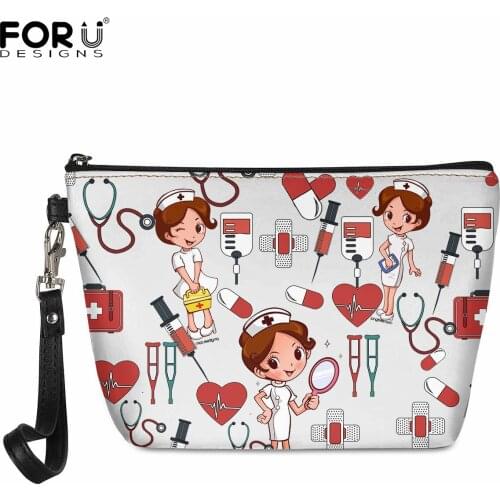 FORUDESIGNS Travel Cosmetic Bag Cartoon Nurse Medical PU Leather Small Makeup Bags Womens Girls Clutch Purse Coin Storage Pouch