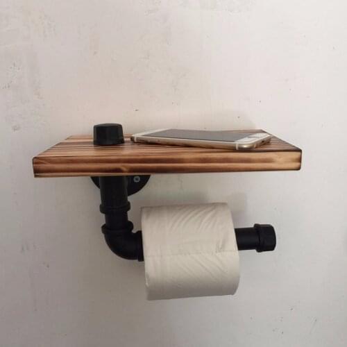 DWZ Retro Iron Toilet Paper Holder Bathroom Hotel Roll Paper Tissue Hanging Rack Wooden Shelf Wall Mounted Bathroom Paper Holder