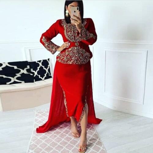 Elegant Red Long Sleeve Dubai Arabic Evening Dress Appliques Beaded Mermaid Moroccan Kaftan Special Occasion Gowns Plus Size