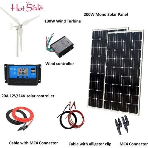 300W Hybrid System: 100W Wind Turbine Generator+2pcs 100w Mono Solar Panel+wind Controller+20A Solar controller+Accessories