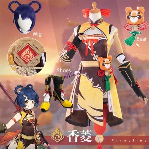 Genshin Impact Xiangling Cosplay Costume Head Chef Outfit Halloween Party Xiang Ling Cosplay Wig Shoes Bear Anime Sexy Dress