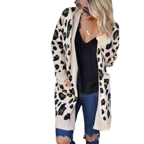 Leopard Knitted Cardigan Women Elegant V-neck 2019 Female Casual Autumn and Winter Coat Ladies Vintage Office Warm Coat