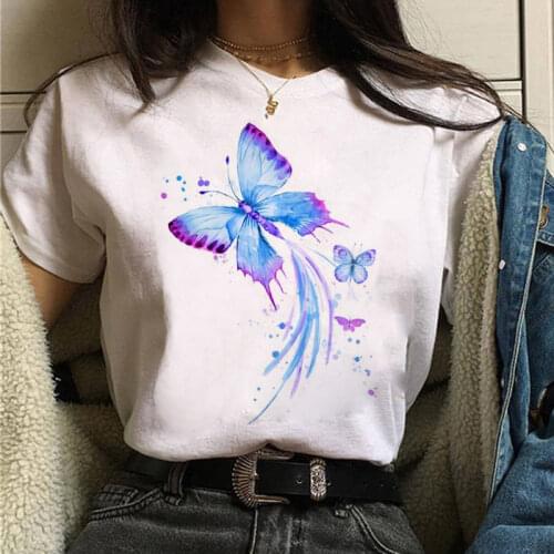 Fashion Women Tshirt Watercolor Butterfly Print T-shirt Female Casual White Tops 90s Girls Short Sleeve Tee Shirts Woman T-shirt