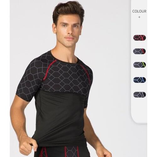 Men Sport T-Shirt Printed Short Sleeve Fitness Shirts Workout Jogging Gym Clothing Bodybuilding Running Quick Dry Tight Shirt