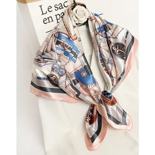 Women Fashion Ocean Sea Anchor Square Silk Stain Scarf Lady Print Soft Wraps Luxury Brand Sjaal Bufandas Muslim Hijab 90*90Cm