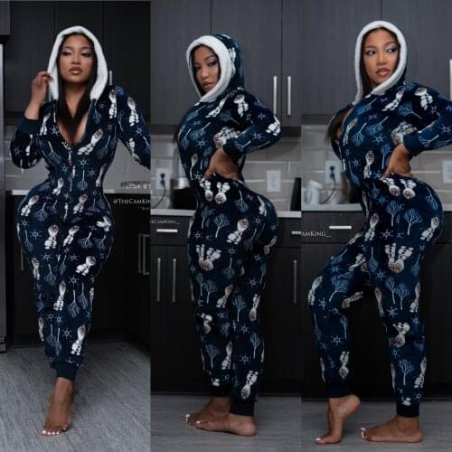 Christmas Hooded Pajamas Jumpsuit Women Winter Print Warm Long Sleeve Sleepwear Xmas Cute Zipper Up Nightwear Homewear Suits