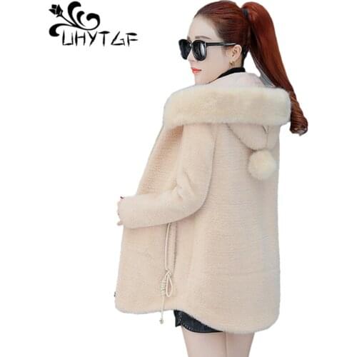 UHYTGF WomenJacket Quality Mink Fleece Autumn Winter Woolen Coat Fashion Fur Collar Hooded Casual Warm Female Short Outwear 1185