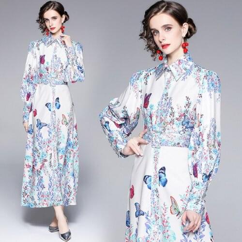 Spring and Autumn New Womens Lapel Single-Breasted Long Butterfly Print Long-Sleeve Dress with Belt A- Line
