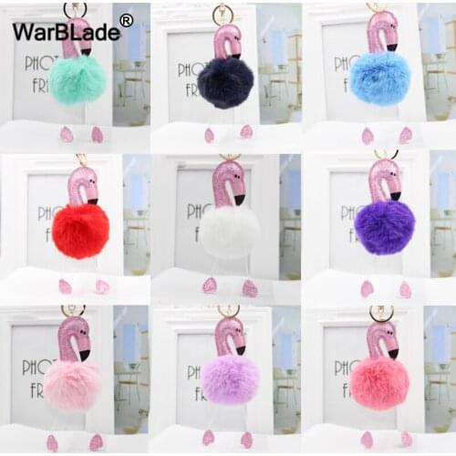 High Quality Pom pom Flamingo keychain fluffy fake rabbit fur ball key chain women car bag pompon key ring Porte clef Christmas