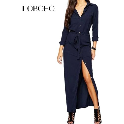 Women Long Sleeve Maxi Dress 2018 Autumn New Fashion Collar Buttons Long Shirt Dresses Open Slit Women Casual Dress Green Blue